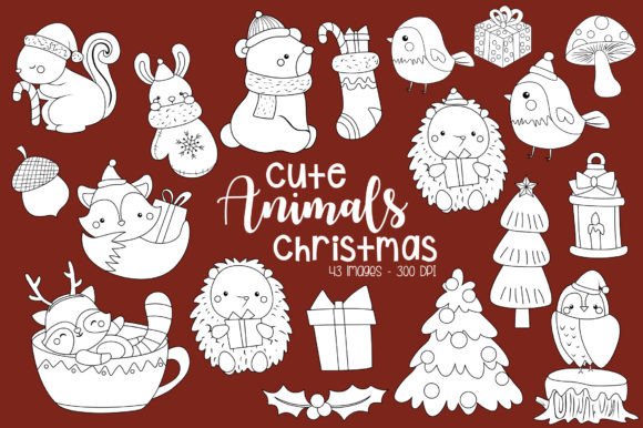 Christmas Animal Clipart Coloring Illustrations