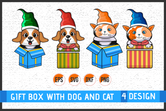 Christmas Gift Box with Dog and Cat Illustrations