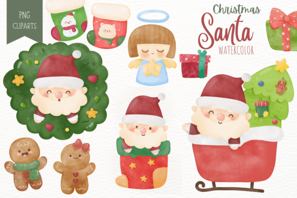 Christmas Watercolor Clipart Santa Cute Illustrations
