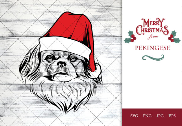 Pekingese Dog in Santa Hat for Christmas Crafts